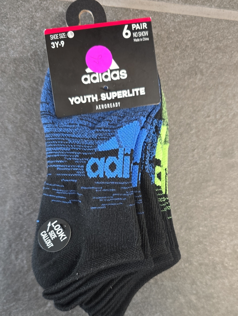 adidas Youth Superlite No-Show Socks in Black with Blue & Green